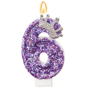 Birthday Number Candles,Purple Crown Birthday Candles for Cake,Glitter Number 1 Candle Cake Topper with Sequins for Anniversary Celebrations Supplies (Number 6)