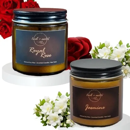 Lush & Melts Strong Scented Candle Gift Set | Non Toxic Soy Wax Floral Perfumed Candle Gift Box | (Royal Rose & Jasmine, Set of 2 Gift Box)