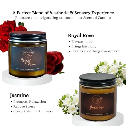 Lush & Melts Strong Scented Candle Gift Set | Non Toxic Soy Wax Floral Perfumed Candle Gift Box | (Royal Rose & Jasmine, Set of 2 Gift Box)