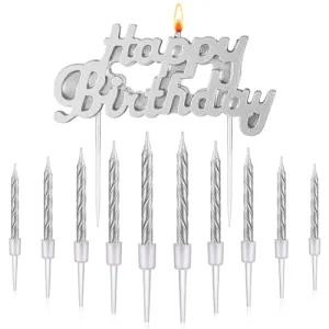 MTLEE Happy Birthday Candles for Cake Birthday Candle Topper with 10 Pcs 2.95 Inch Candles Short Thin Spiral Candles for Cake Topper Birthday Decoration Party Supplies (Silver)