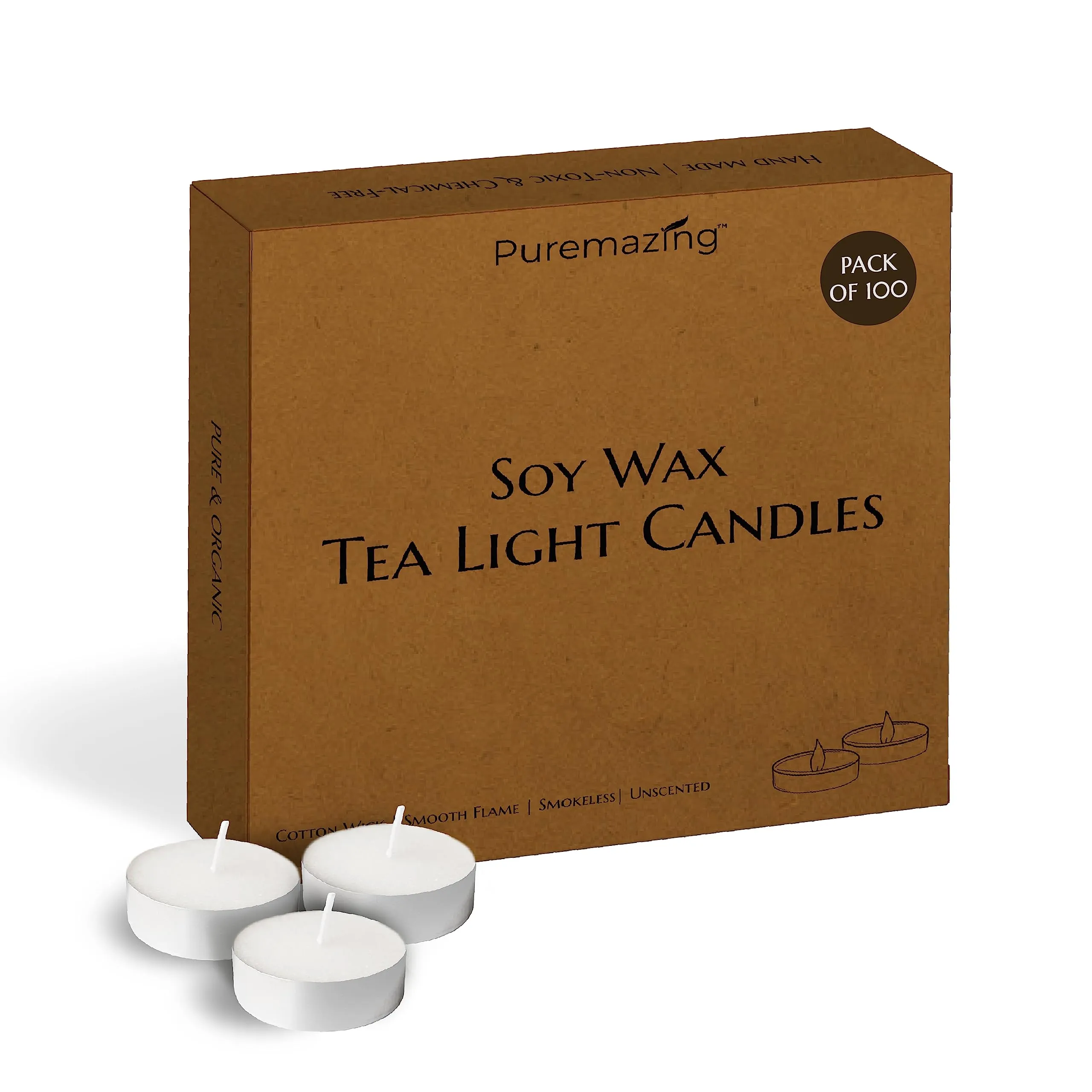 Puremazing by Imvelo Premium Tea Lights Candles | Unscented, Set of 100 | 100% Soy Candle Wax | 3 Hours Burn Time | Chemical Free & Non Toxic | Unscented Tea Light Candle | Candles for Home Décor