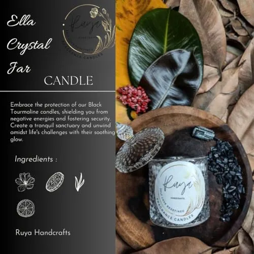 Ruya's Handcrafts Ella Crystal Jar Single Wick Black Tourmaline Stone | Evoking Sense of Tranquillity, Positive Vibes, Therapy Candles | Negativity Cleanser Candle (Spicy Incense)