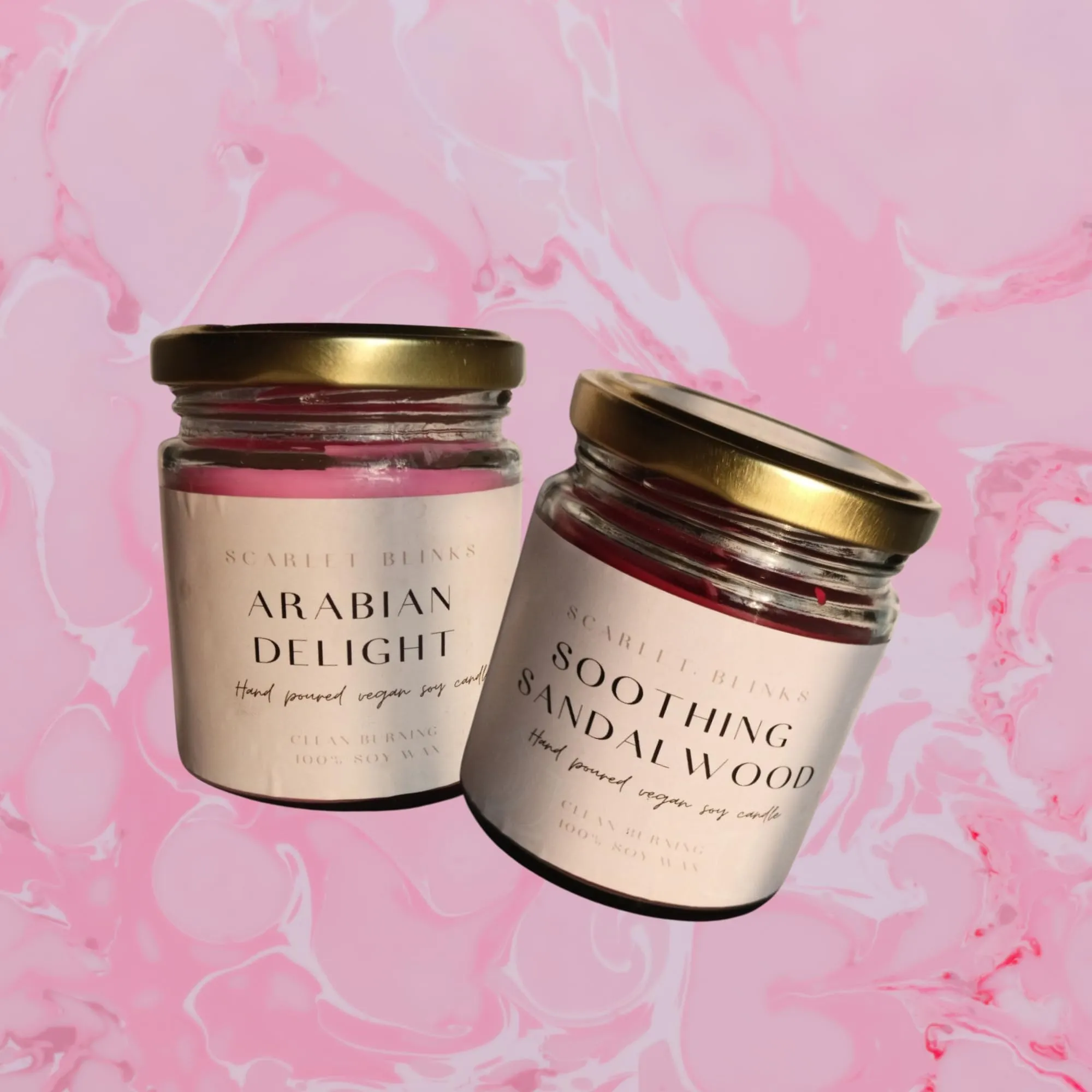 Scarlet Blinks Arabian Delight and Soothing Sandal Wood | Soy Wax Candles | Aroma Therapy Candles | Burning Time :-45 HRS Pack of 2